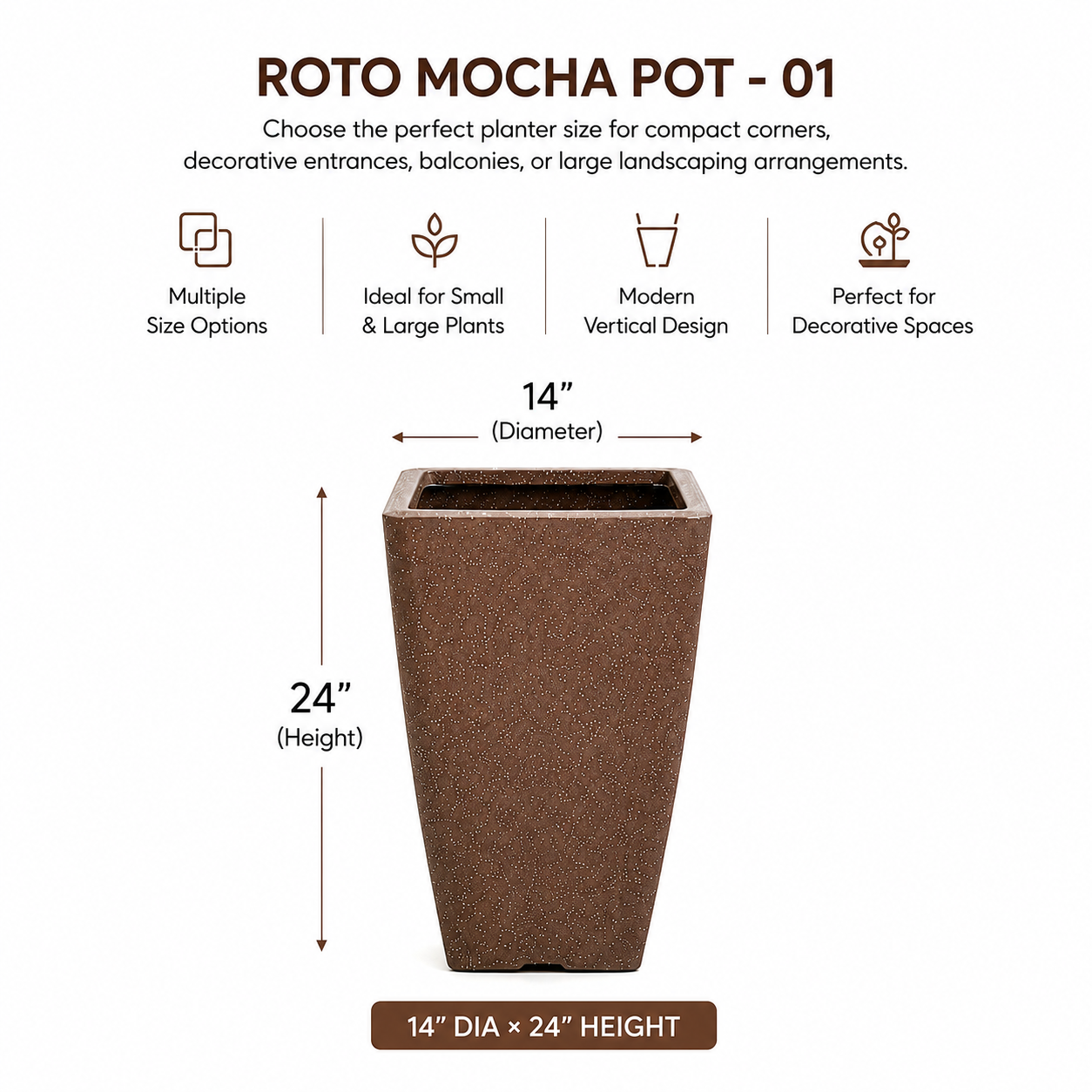 GARDENCIA ROTO MOCHA Pot – Long Square Planter with Dot Finish Colour