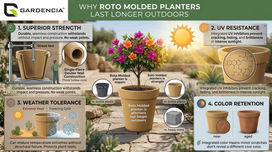 Durable roto molded planters outdoors. Cleaning and maintaining outdoor roto molded planters.