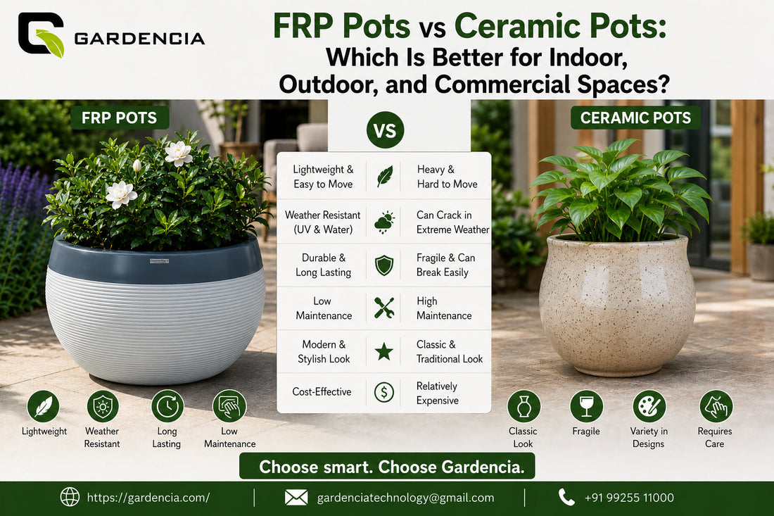 FRP pots vs ceramic pots comparison, Weather-resistant FRP and ceramic pots outdoors 