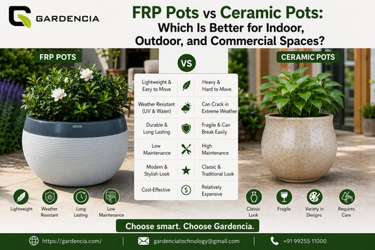 FRP pots vs ceramic pots comparison, Weather-resistant FRP and ceramic pots outdoors 