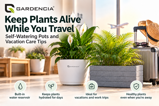 Potted plants grouped in self-watering pots away from a sunny window before a holiday