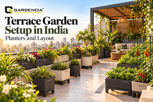 Terrace garden in India with lightweight planters, vegetable pots and shaded seating area