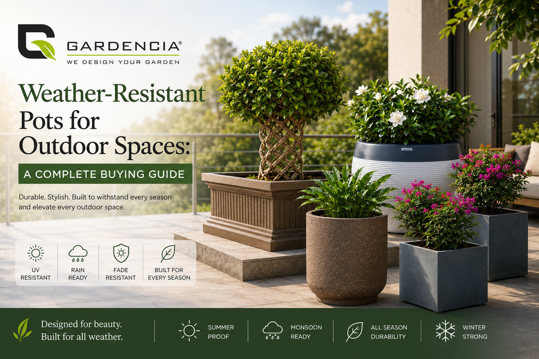 Weatherproof outdoor planters in a modern landscape., Weatherproof outdoor planters for commercial spaces. 