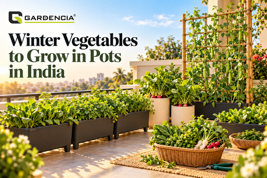 Winter vegetables like spinach, radish and peas growing in pots on a sunny Indian terrace