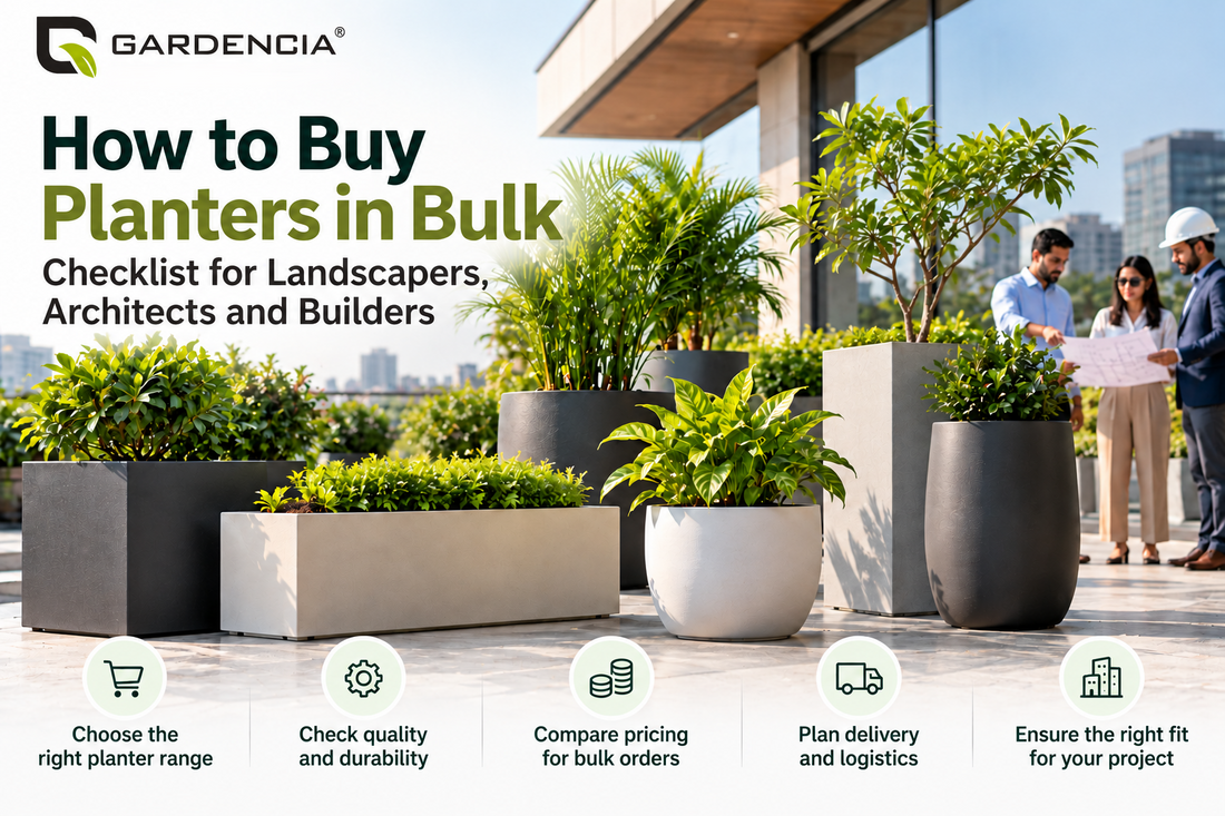 Rows of matching large roto moulded planters arranged at a commercial landscape project