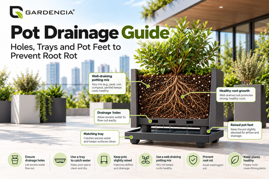 Cross-section of a planter showing drainage holes, potting mix and a tray beneath 