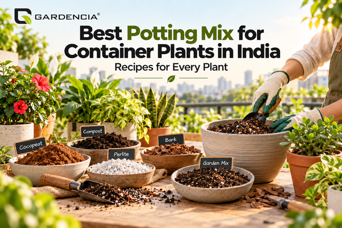Hands mixing garden soil, cocopeat and compost for potting plants in containers
