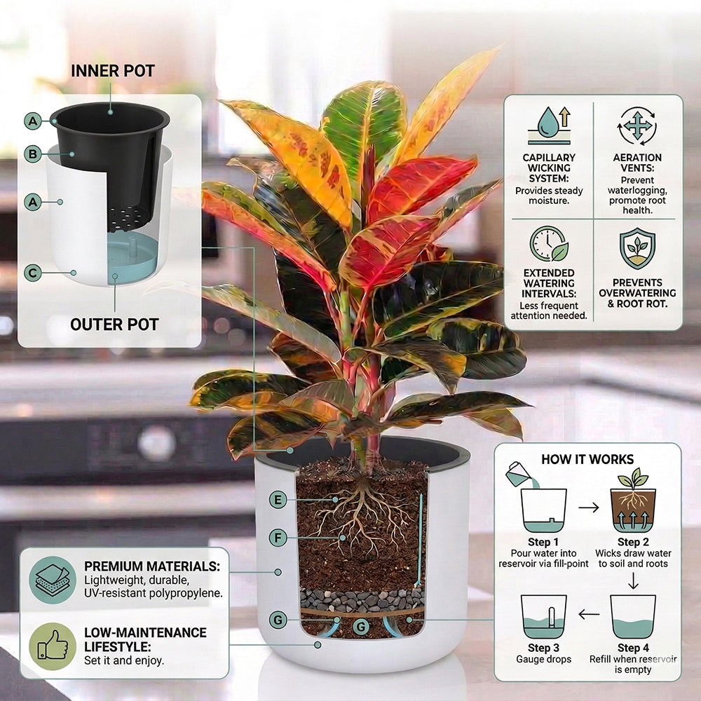 Gardencia Lorenzo Self Watering  Pot 5 Inch - Flower Pots & Indoor Planters for Home Decore, Living Room, Kitchen, Bedroom, Office Desk, Gifting