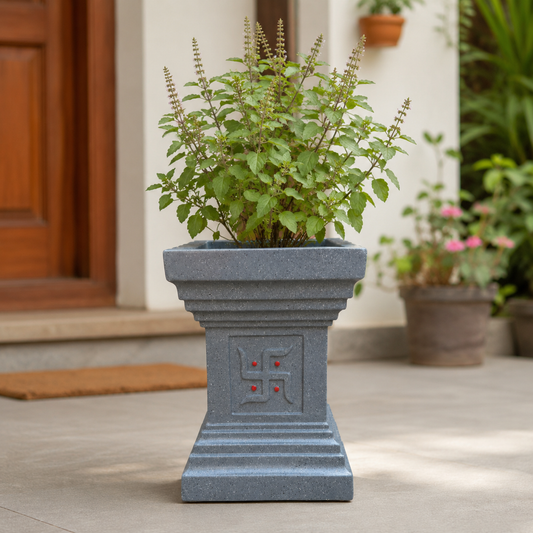 GARDENCIA FRP TULSI POT Traditionally Designed Plant Pots, Premium Durable Frp Flower Pots for Indoor & Outdoor Plants - Lightweight, Stylish, and Weather-Resistant Planters (Tulsi Stone Grey, Stone White, Stone Gold 15*15*19 inch)